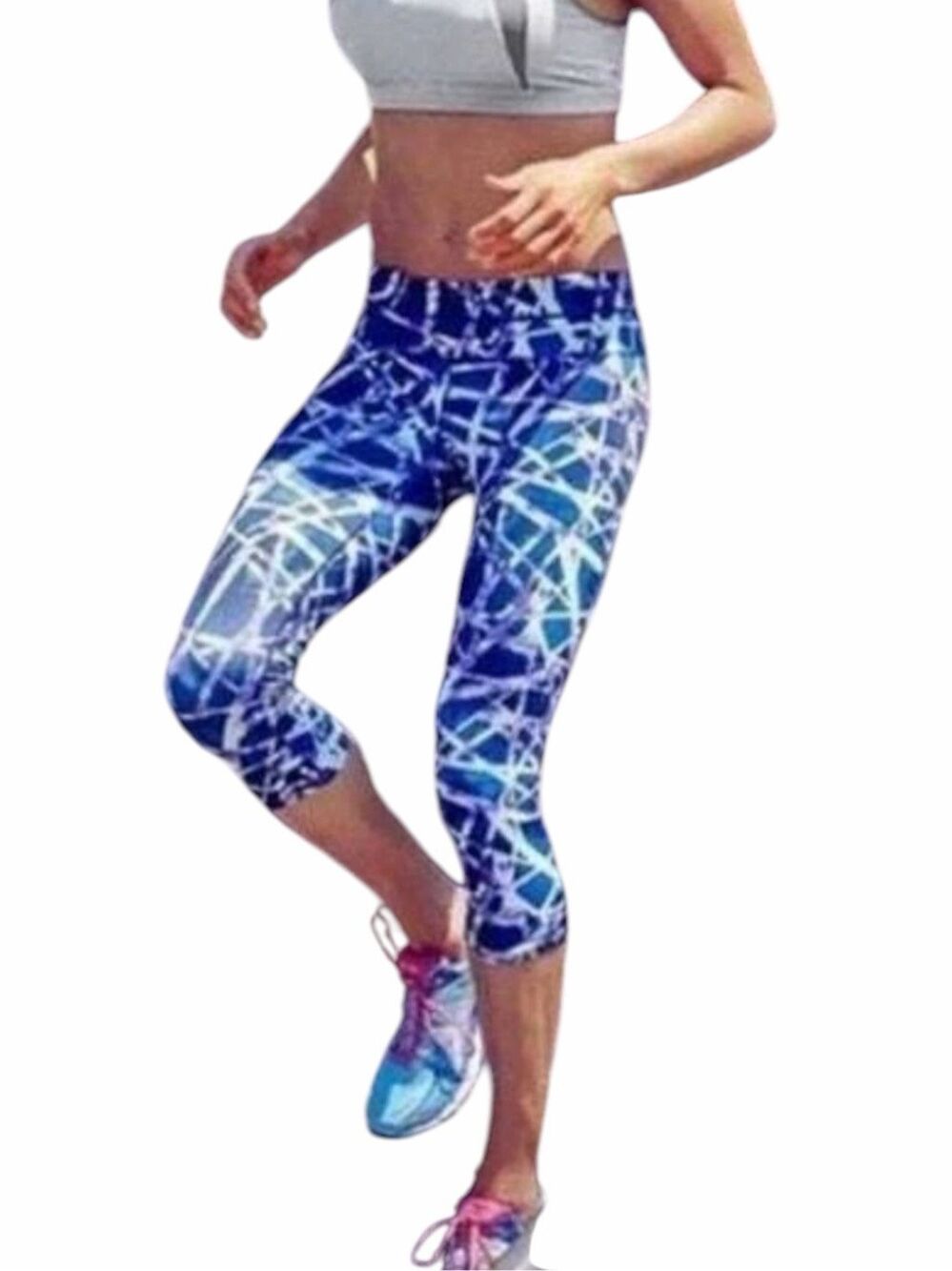 ATHLETA Floral Geo Sonar Capri Legging Blue Purple Print Large Style# 243169